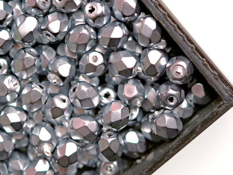 100 pcs Fire Polished Beads 4 mm, Jet Heavy Metal Silver, Czech Glass