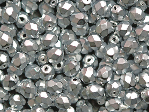 100 pcs Fire Polished Beads 4 mm, Jet Heavy Metal Silver, Czech Glass
