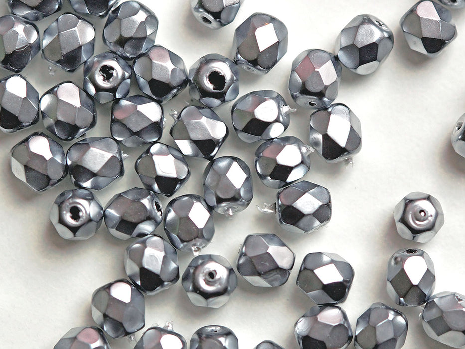 100 pcs Fire Polished Beads 4 mm, Jet Heavy Metal Silver, Czech Glass
