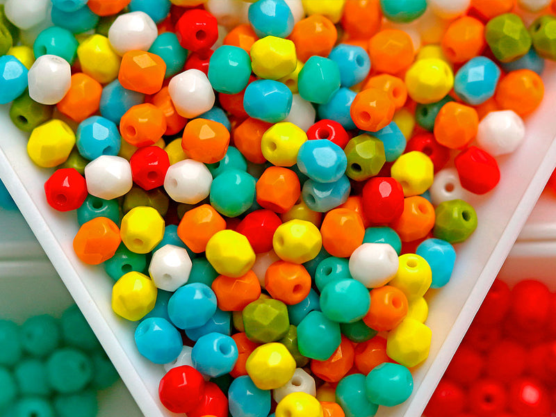 100 pcs Fire Polished Beads 4 mm, Opaque Mix, Czech Glass