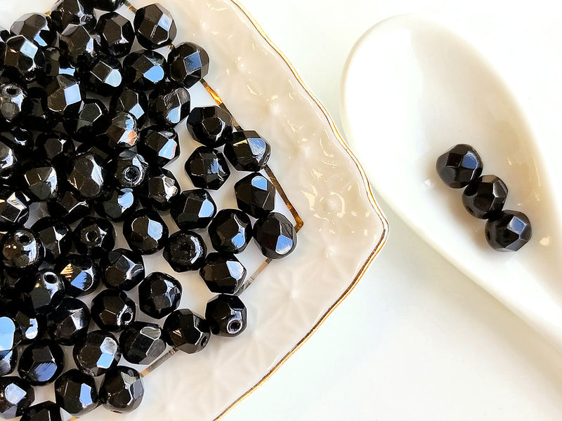 50 pcs Fire Polished Faceted Beads Round, 6mm, Jet Black, Czech Glass
