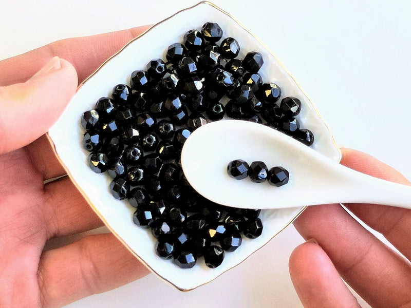 50 pcs Fire Polished Faceted Beads Round, 6mm, Jet Black, Czech Glass