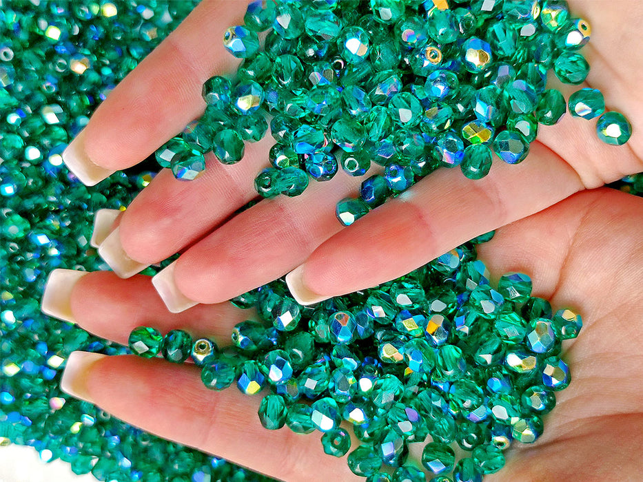50 pcs Fire Polished Faceted Beads Round, 6mm, Emerald AB, Czech Glass