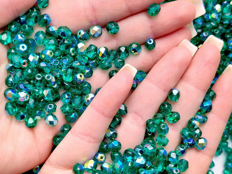 50 pcs Fire Polished Faceted Beads Round, 6mm, Emerald AB, Czech Glass