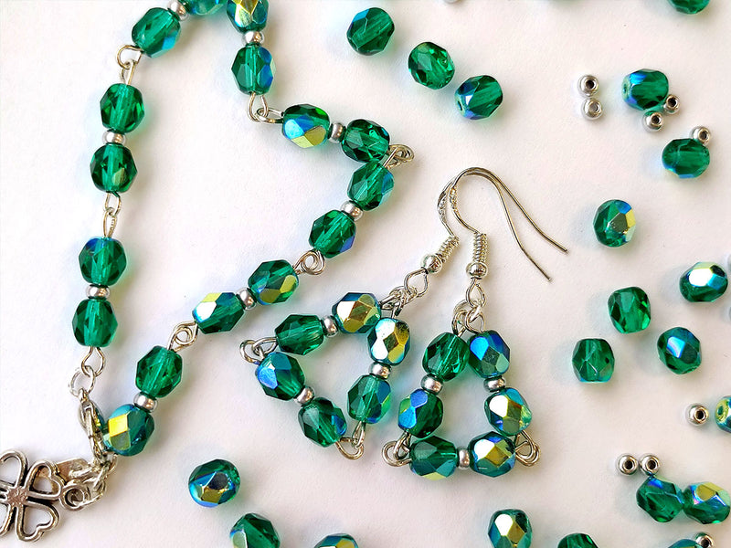 50 pcs Fire Polished Faceted Beads Round, 6mm, Emerald AB, Czech Glass