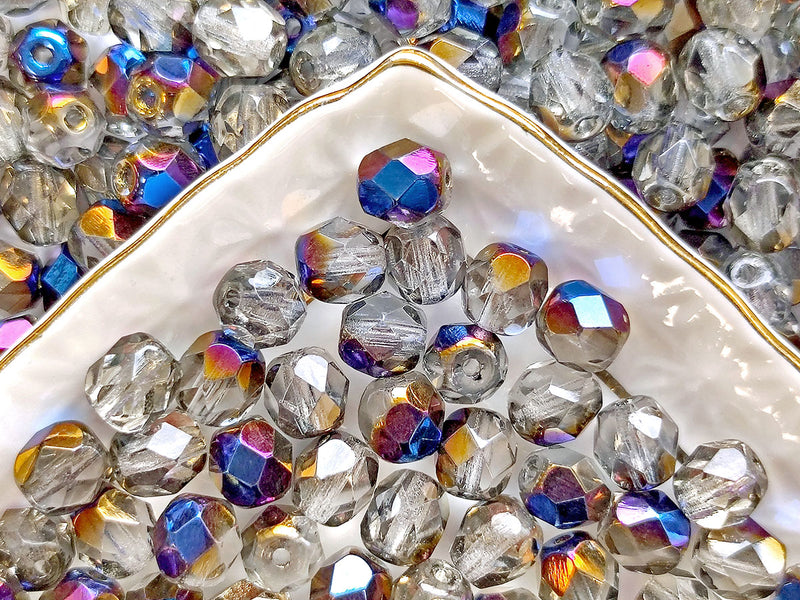 50 pcs Fire Polished Faceted Beads Round, 6mm, Crystal Blue Flare, Czech Glass