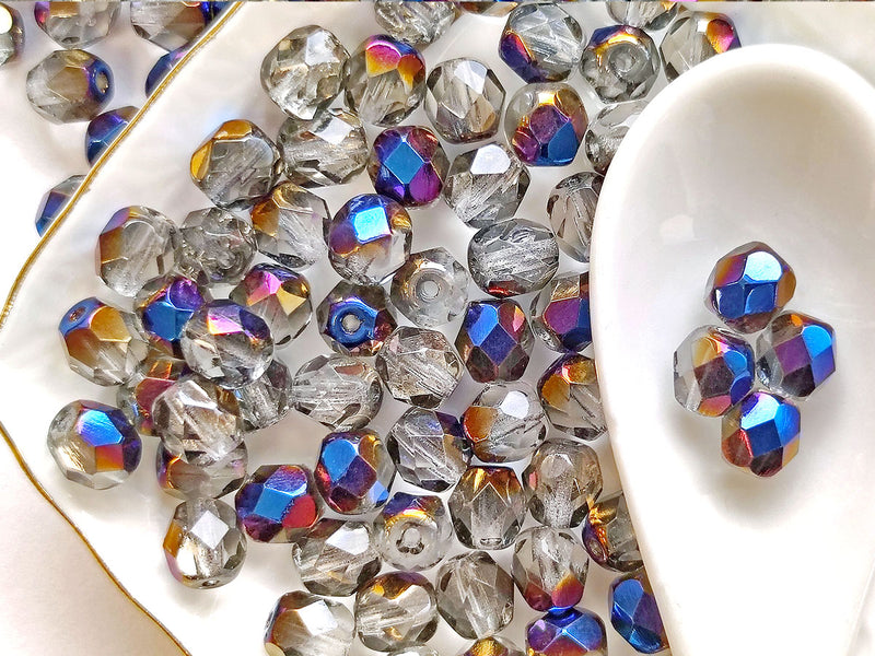 50 pcs Fire Polished Faceted Beads Round, 6mm, Crystal Blue Flare, Czech Glass