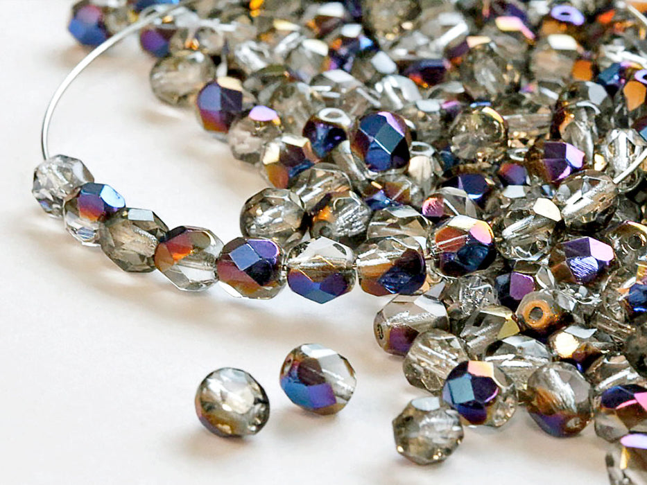 50 pcs Fire Polished Faceted Beads Round, 6mm, Crystal Blue Flare, Czech Glass
