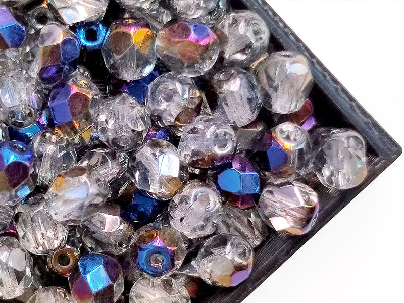 50 pcs Fire Polished Faceted Beads Round, 6mm, Crystal Blue Flare, Czech Glass