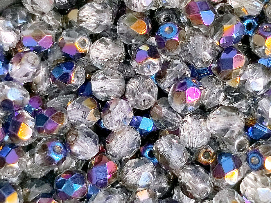 50 pcs Fire Polished Faceted Beads Round, 6mm, Crystal Blue Flare, Czech Glass