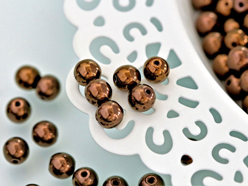 50 pcs Round Pressed Beads, 6mm, Jet Bronze Luster, Czech Glass