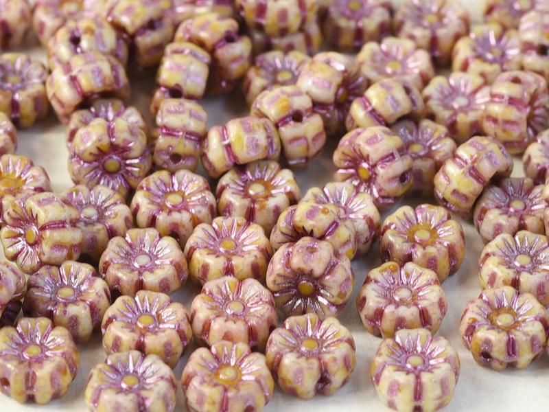 100 pcs Hibiscus Flower Beads 7 mm, Chalk White Terracotta Copper, Czech Glass