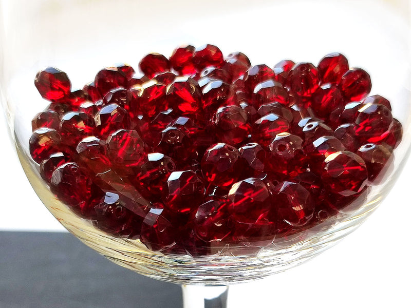 25 pcs Fire Polished Faceted Beads Round 8 mm, Dark Ruby, Czech Glass