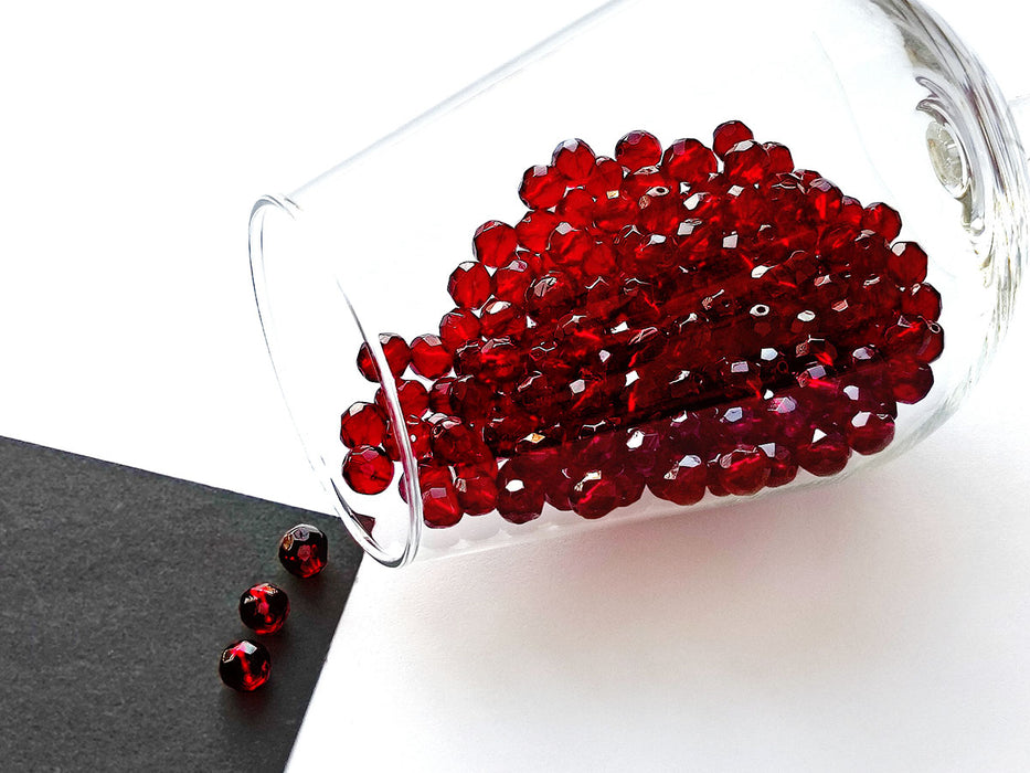 25 pcs Fire Polished Faceted Beads Round 8 mm, Dark Ruby, Czech Glass