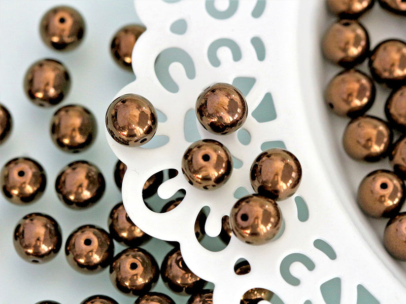25 pcs Round Pressed Beads, 8mm, Jet Bronze Luster, Czech Glass