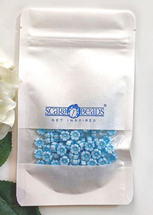 100 pcs Hibiscus Flower Beads 9 mm, Chalk White with Turquoise Blue Decor, Czech Glass