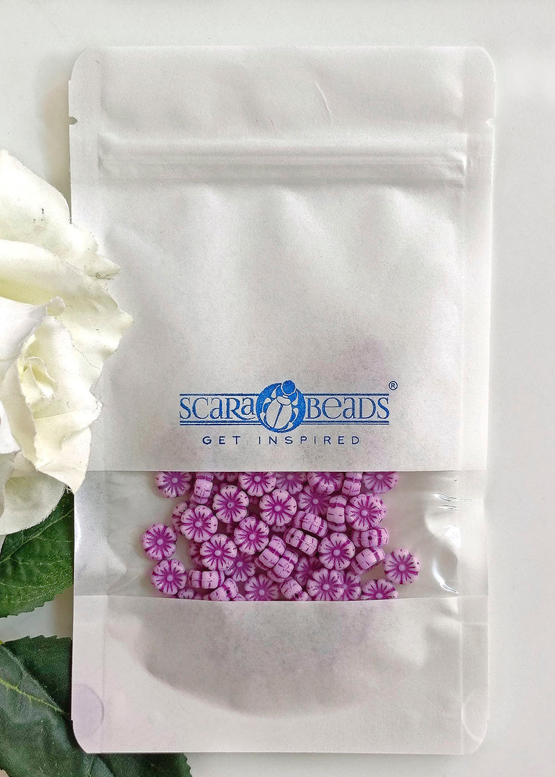 100 pcs Hibiscus Flower Beads 9 mm, Chalk White with Violet Decor, Czech Glass