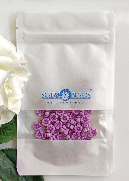 100 pcs Hibiscus Flower Beads 9 mm, Chalk White with Violet Decor