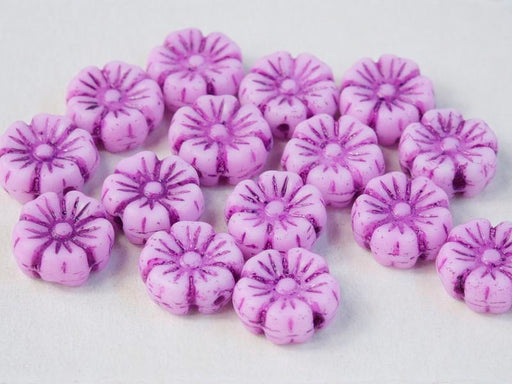 100 pcs Hibiscus Flower Beads 9 mm, Chalk White with Violet Decor, Czech Glass