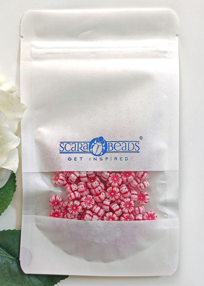 100 pcs Hibiscus Flower Beads 9 mm, Chalk White with Red Decor, Czech Glass