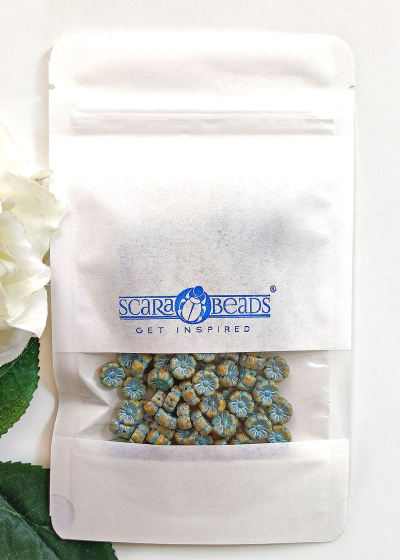 100 pcs Hibiscus Flower Beads 9 mm, Chalk White Green Turquoise Picasso, Czech Glass