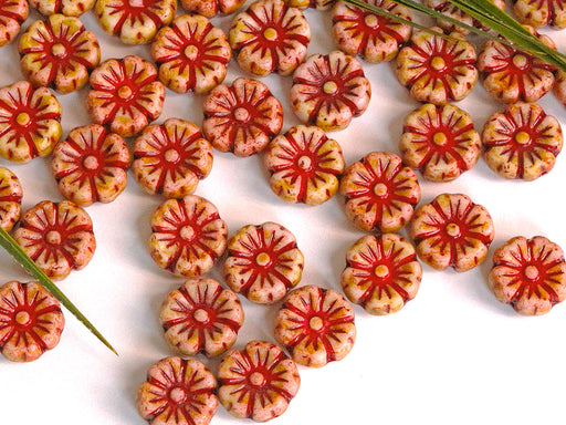 100 pcs Hibiscus Flower Beads 9 mm, Chalk White Beige Red, Czech Glass