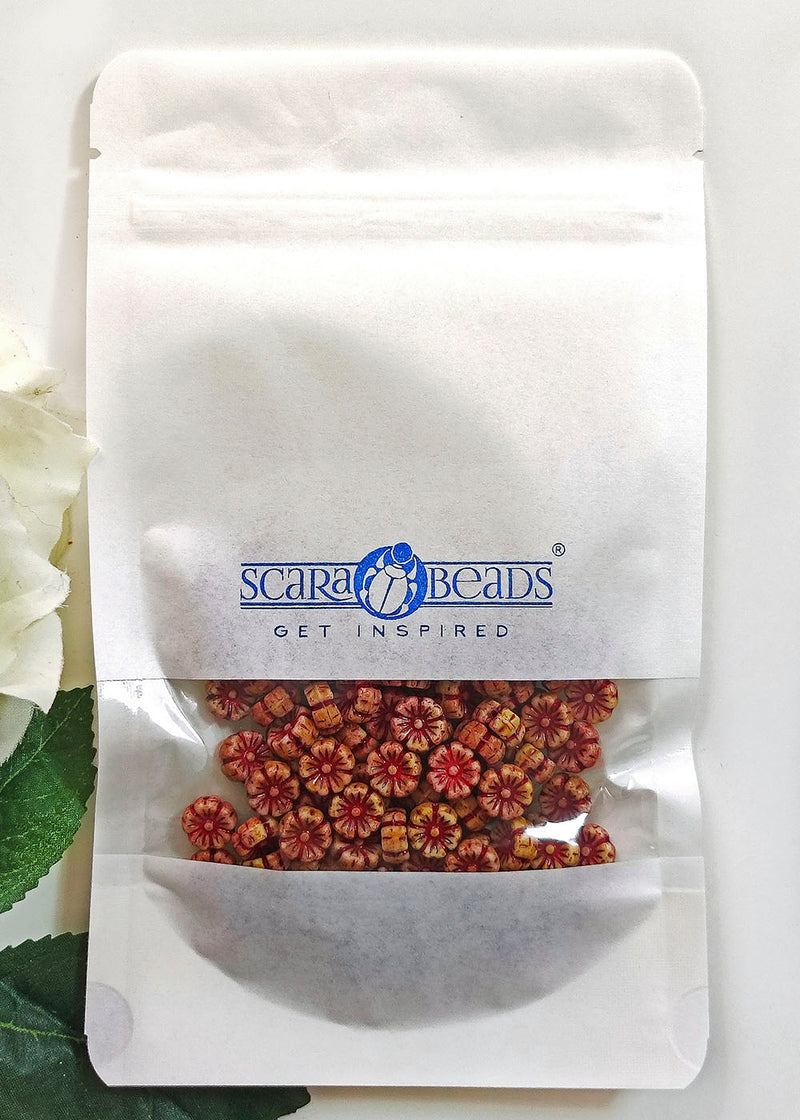 100 pcs Hibiscus Flower Beads 9 mm, Chalk White Beige Red, Czech Glass