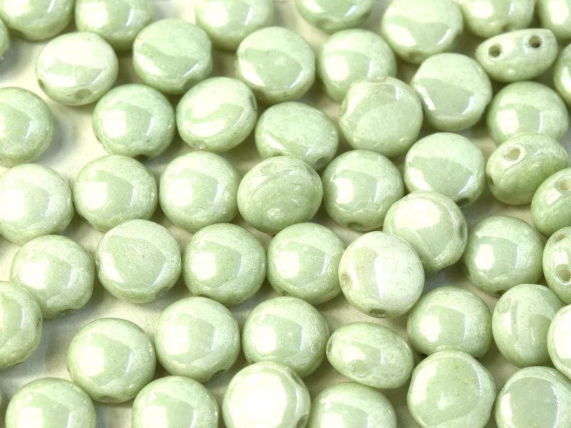 Candy Beads 8 mm, 2 Holes, Chalk White Mint Luster, Czech Glass