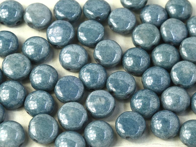 Candy Beads 8 mm, 2 Holes, Chalk White Baby Blue Luster, Czech Glass