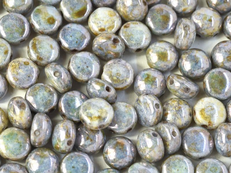 Candy Beads 8 mm, 2 Holes, Chalk White Blue Luster, Czech Glass