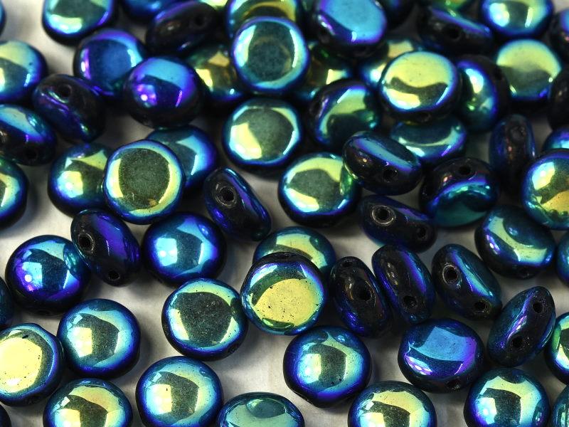 Candy Beads 8 mm, 2 Holes, Jet Full AB, Czech Glass