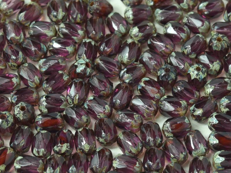 Fire Polished Shapes 6x4 mm, Amethyst Dark Travertine, Czech Glass