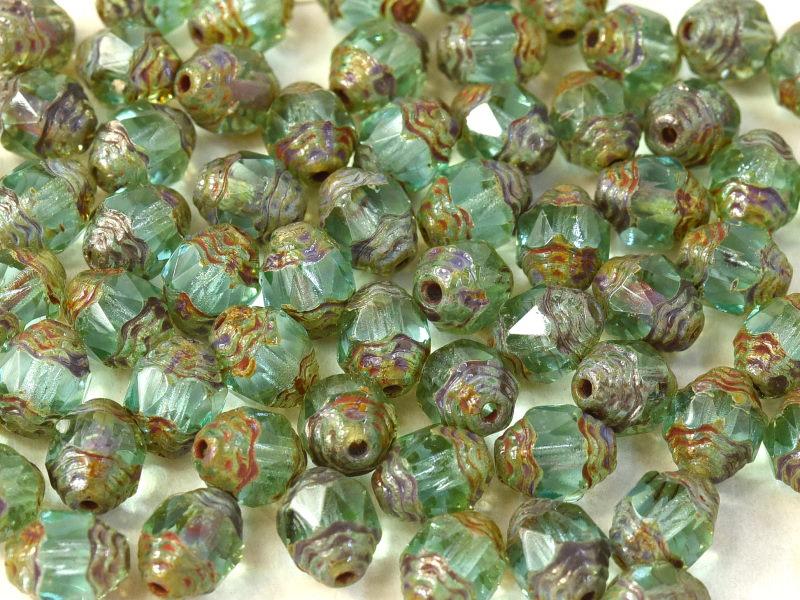 Fire Polished Shapes 8x6 mm, Aqua Dark Travertine, Czech Glass