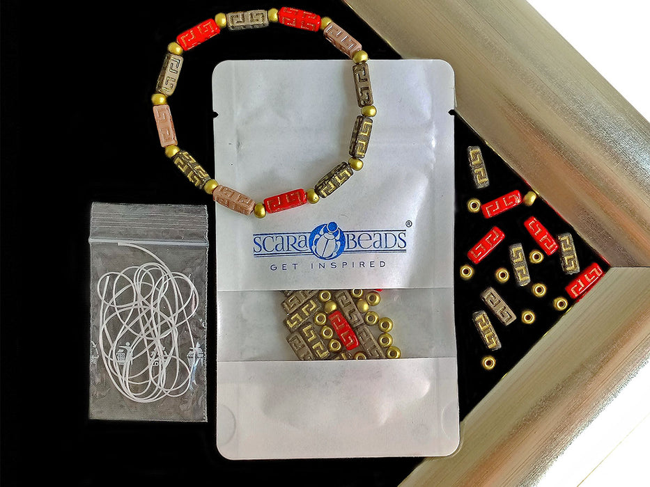 Creative Set: DIY Bracelet made of multi-color Celtic Block and Pony Beads with gold accents.