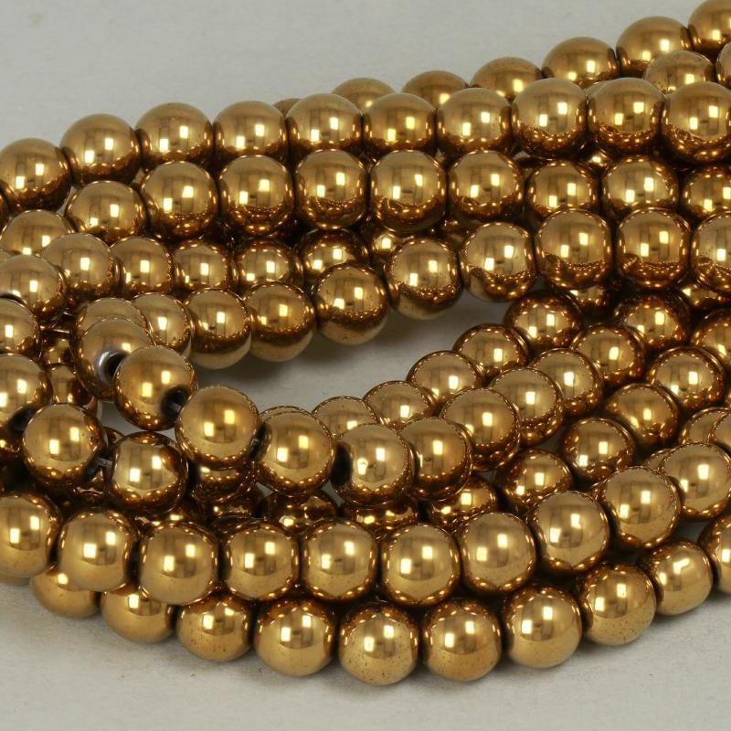 Gemstone Beads 6 mm, Hematite Plated Gold Round Smooth,