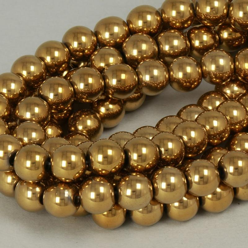Gemstone Beads 8 mm, Hematite Plated Gold Round Smooth,