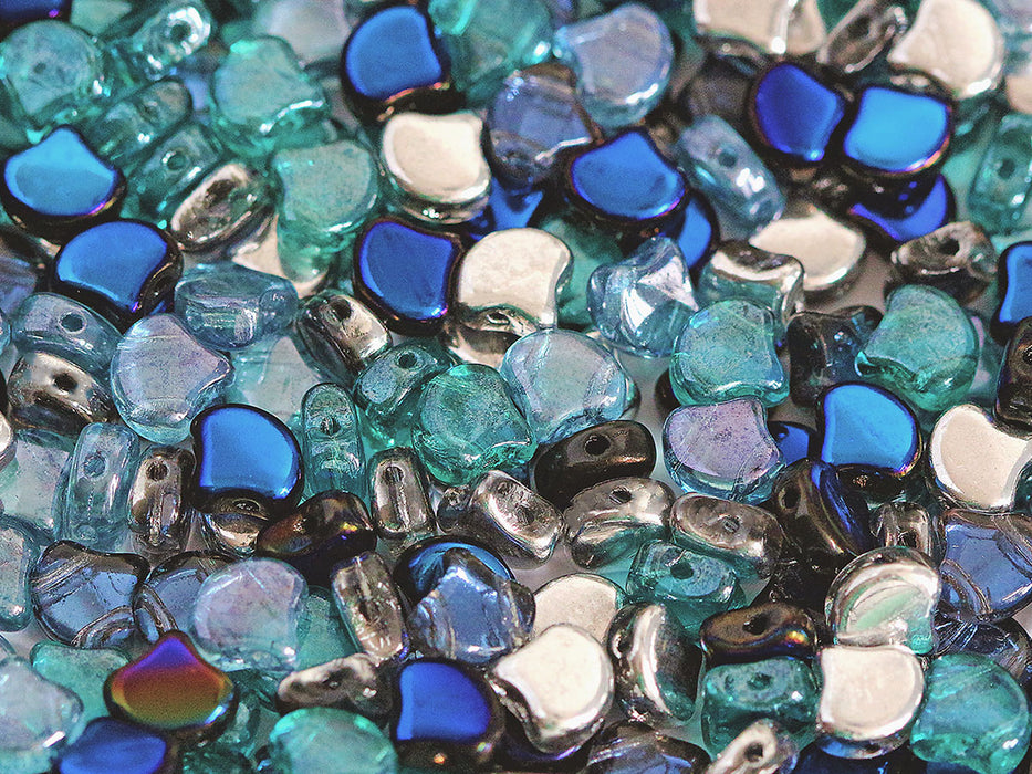30 pcs Ginko Beads 7.5x7.5x3.4 mm, 2 Holes, Mix Blue Silver, Czech Glass