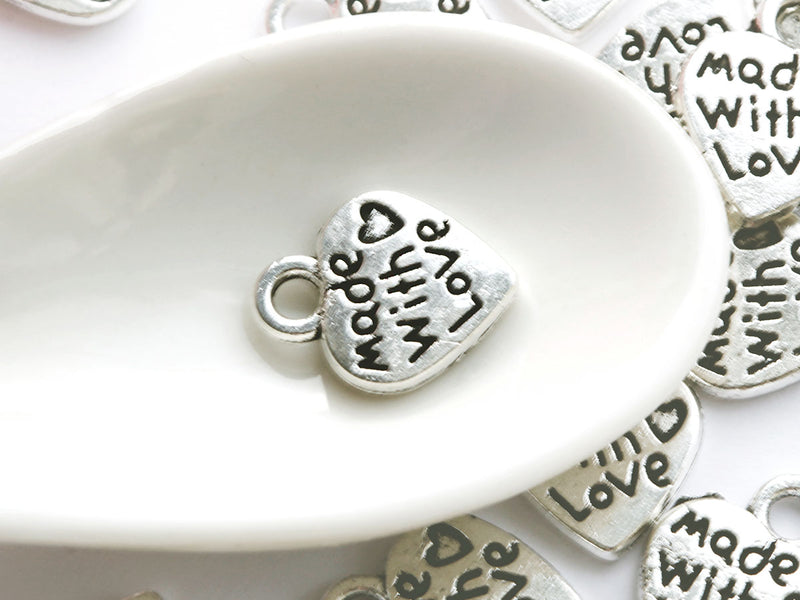 2 pcs Heart With Word "Made With Love" Metal Pendant 13x10 mm, Metal