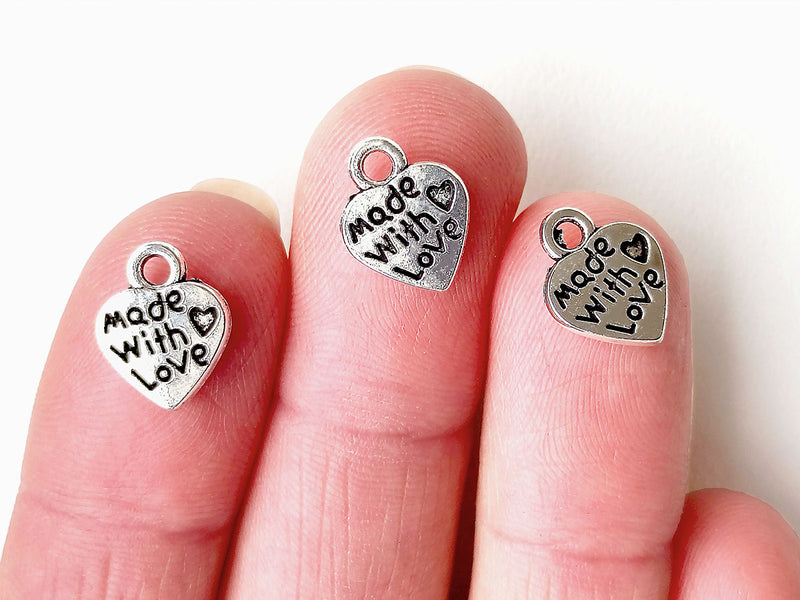 2 pcs Heart With Word "Made With Love" Metal Pendant 13x10 mm, Metal