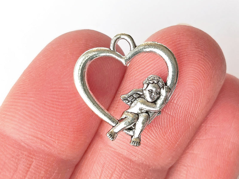 2 pcs Heart With Cupid Pendant 19x18 mm, Metal