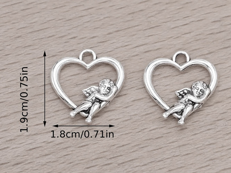 2 pcs Heart With Cupid Pendant 19x18 mm, Metal
