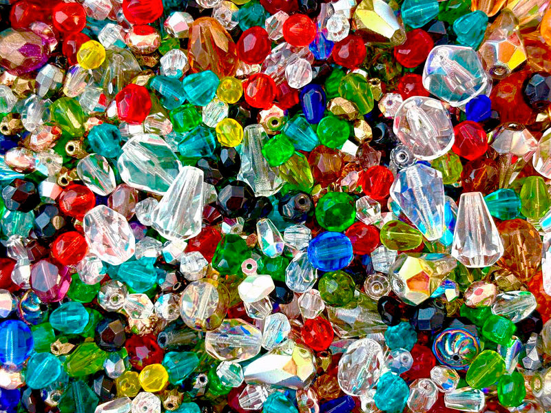 65 g Mix of Faceted Fire Polished Beads , Different Shapes and Colors, Czech Glass