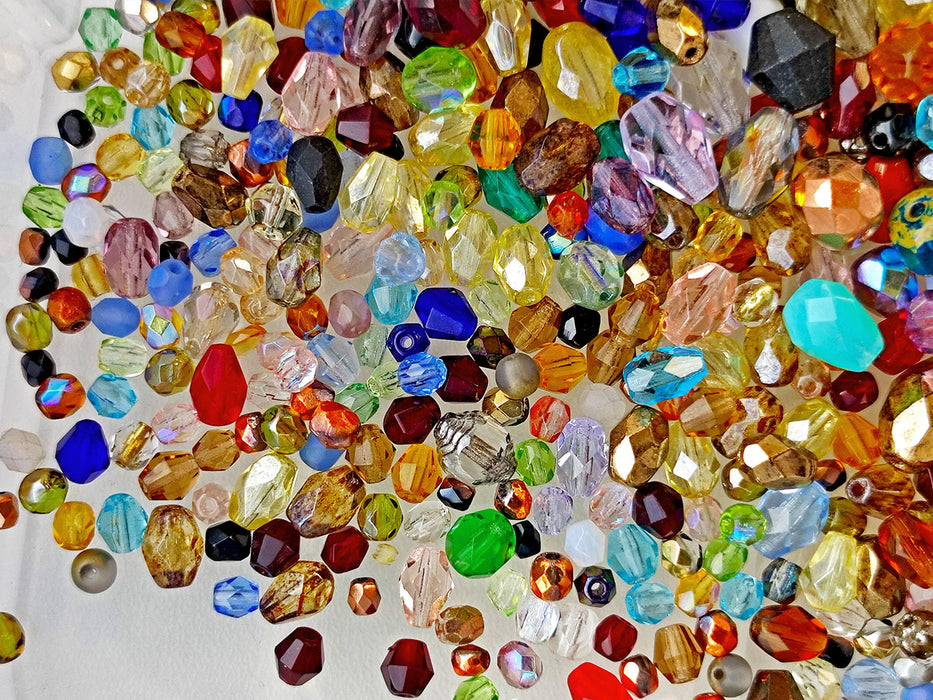 65 g Mix of Faceted Fire Polished Beads , Different Shapes and Colors, Czech Glass
