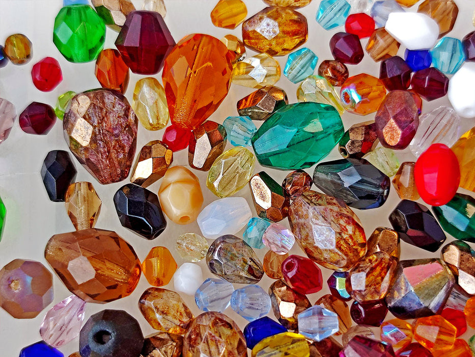 65 g Mix of Faceted Fire Polished Beads , Different Shapes and Colors, Czech Glass
