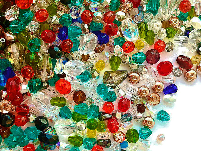 65 g Mix of Faceted Fire Polished Beads , Different Shapes and Colors, Czech Glass
