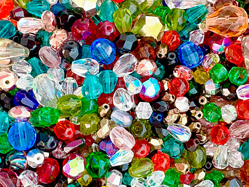 65 g Mix of Faceted Fire Polished Beads , Different Shapes and Colors, Czech Glass