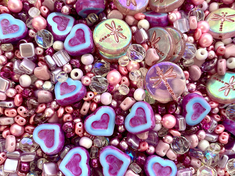 35 g Glass Bead Mix , French Rose Fuchsia, Czech Glass