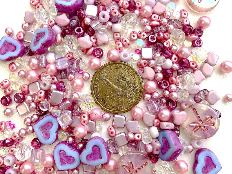 35 g Glass Bead Mix , French Rose Fuchsia, Czech Glass