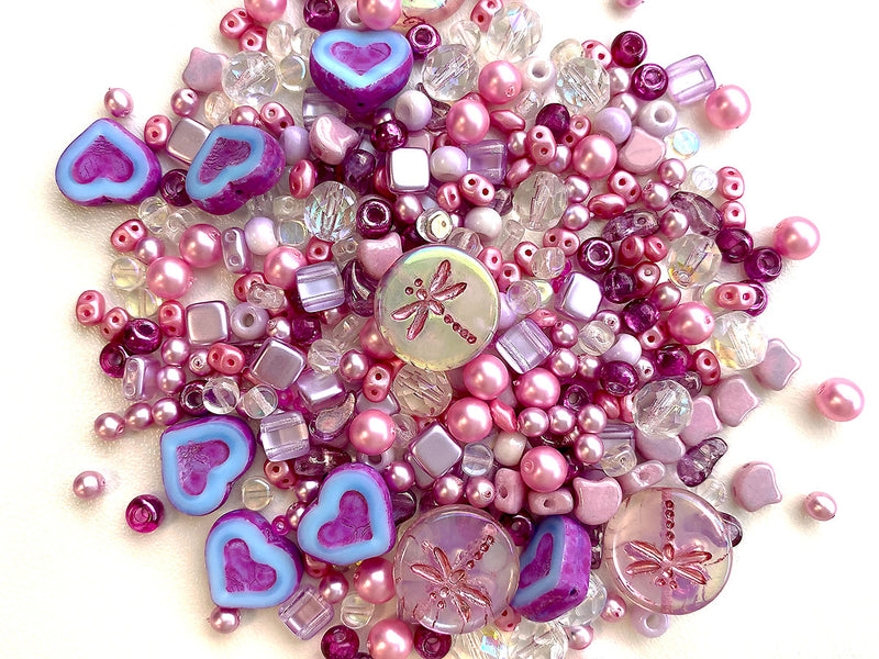 35 g Glass Bead Mix , French Rose Fuchsia, Czech Glass