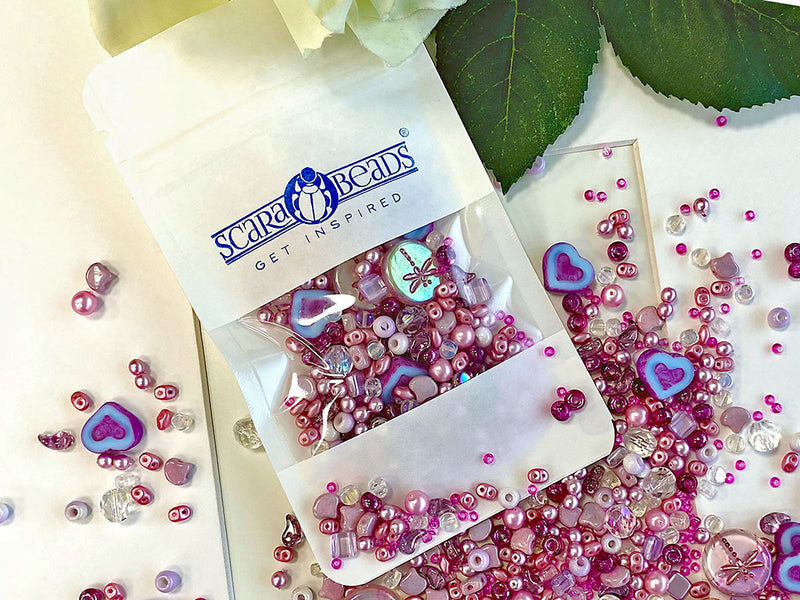 35 g Glass Bead Mix , French Rose Fuchsia, Czech Glass